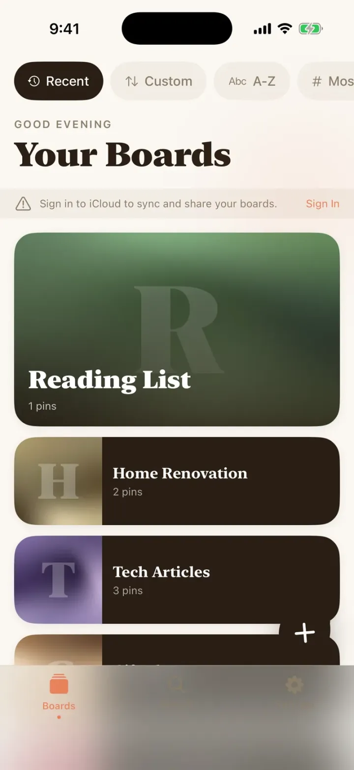 Sticky home screen — a list of colorful pinboards including Reading List, Home Renovation, and Tech Articles